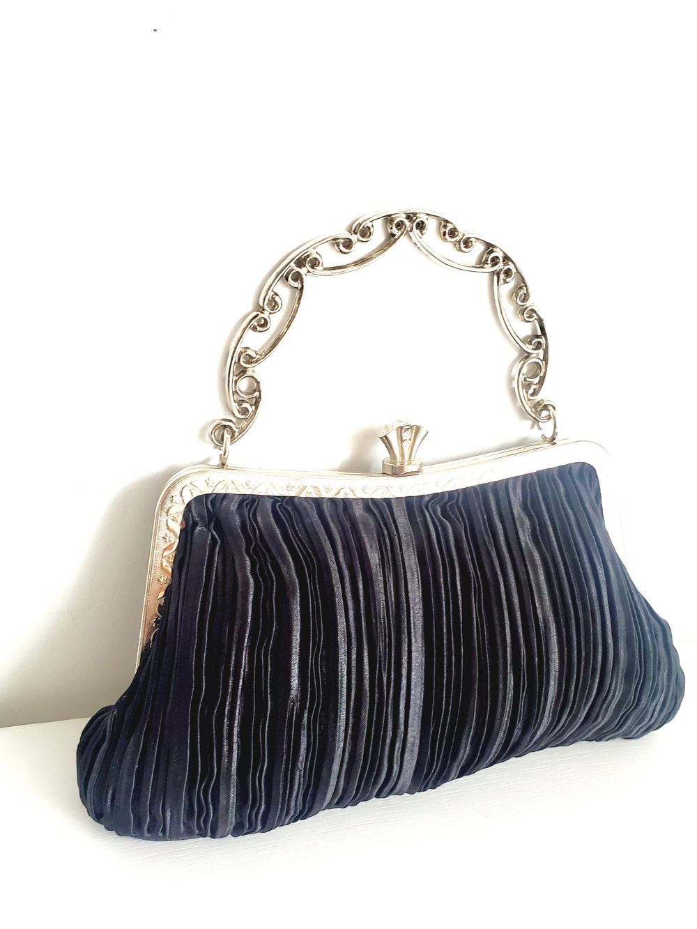 Elegant Black Pleated Evening Clutch with Silver Handle